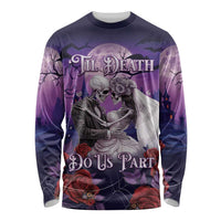 Purple long-sleeve shirt with skeleton couple hug and 'Til Death Do Us Part' text