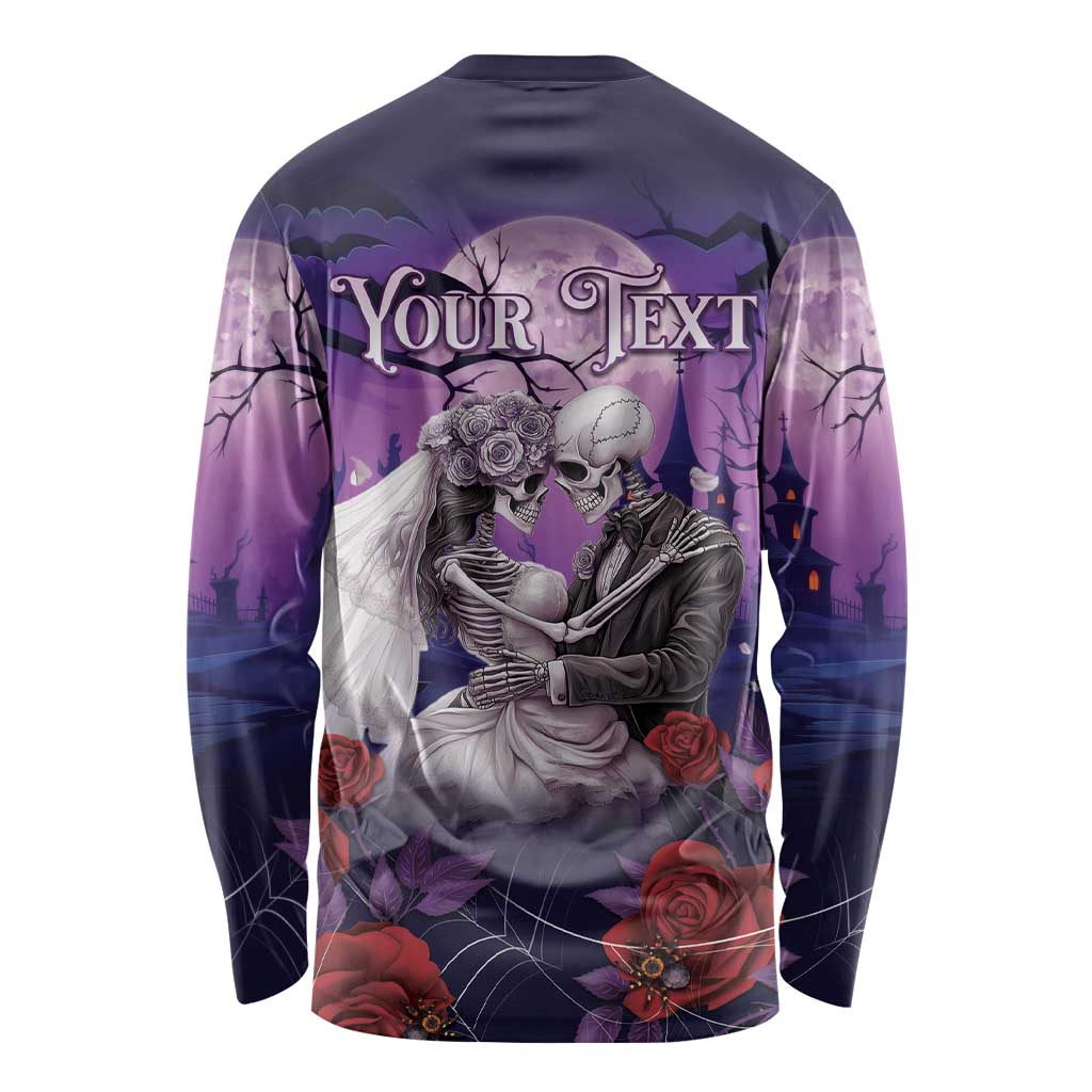 Purple long-sleeve back with 'Your Text' banner, skeleton couple and roses graphic