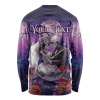 Purple long-sleeve back with 'Your Text' banner, skeleton couple and roses graphic