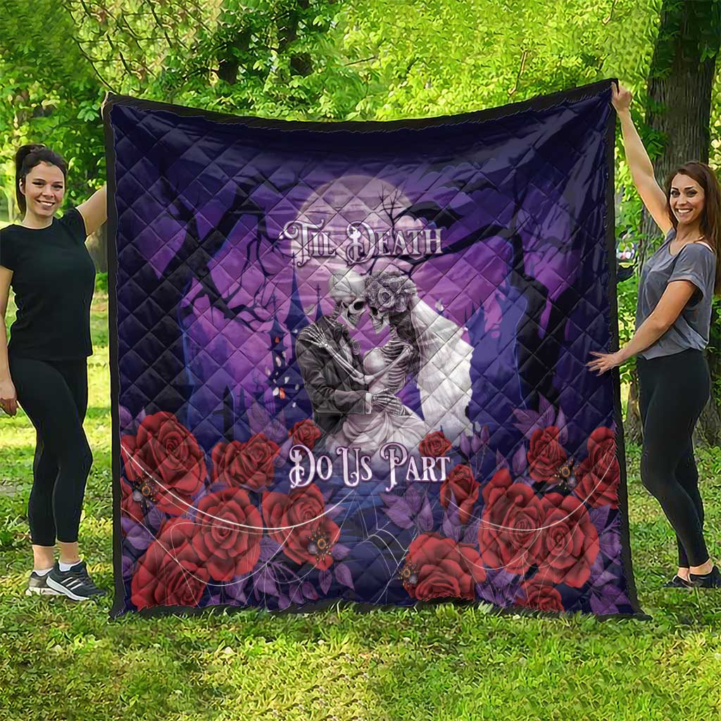 Purple skeleton couple quilt with red roses, full blanket spread