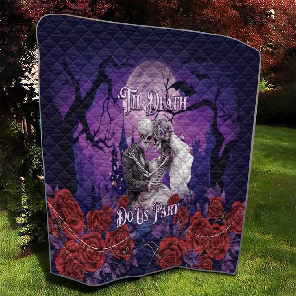 Purple quilt with skeleton couple under black wings and red roses, quilted cover
