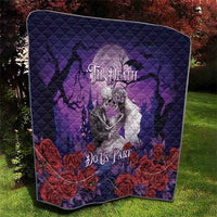 Purple quilt with skeleton couple under black wings and red roses, quilted cover