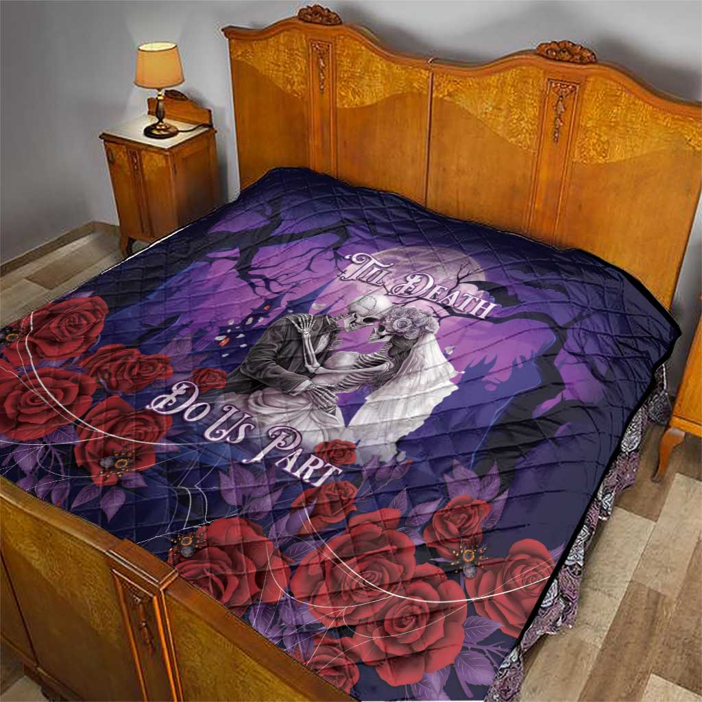 Purple quilted bed cover with skeleton couple, red roses, and gothic text