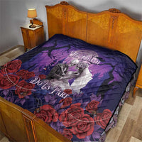 Purple quilted bed cover with skeleton couple, red roses, and gothic text