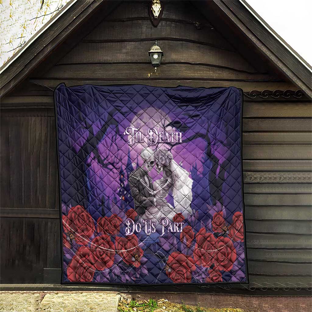 Purple quilt with skeleton couple graphic, red roses border, diamond-quilt stitching