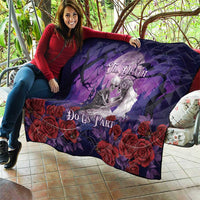 Purple skeleton couple quilt with red roses and gothic heart design