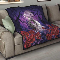 Purple quilted throw with skeleton couple, red roses, and dark wing motif