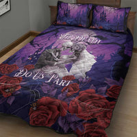 Purple quilt bed set with skeleton couple center print and red roses