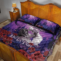 Purple skeleton couple quilt bed set with roses and central skull couple motif