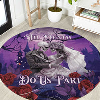 Purple round Halloween skeleton couple rug with 'Til Death' and 'Do Us Part' lettering
