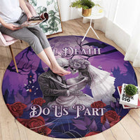 Purple round Halloween rug featuring skeleton couple and roses with 'Do Us Part' text