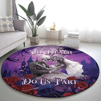Purple round skeleton couple rug with 'Til Death' banner and ghostly bride figure