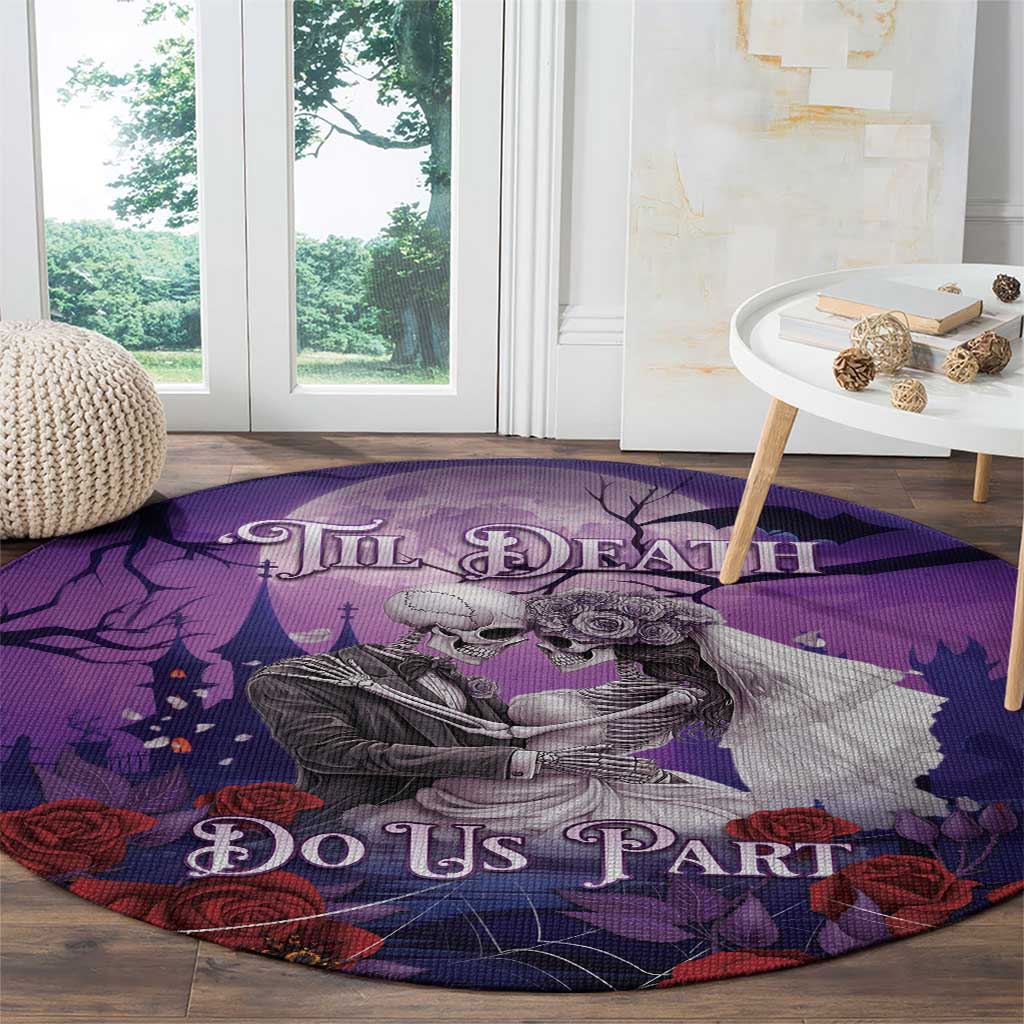 Purple round rug with embracing skeleton couple, roses, and 'Do Us Part' script