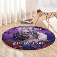 Purple round Halloween rug with 'Til Death' header and skeleton couple design