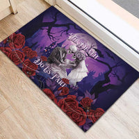Purple Halloween skeleton couple doormat with veil bride, roses, and graveyard silhouettes