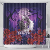Purple shower curtain hanging on rod with skeleton couple, roses, and “Til Death Do Us Part”