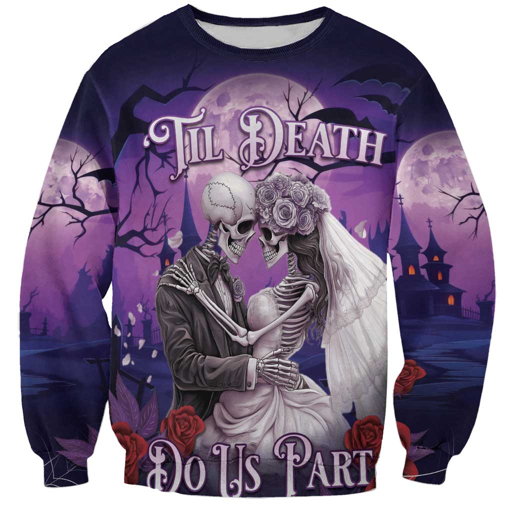Purple Halloween couple skeleton sweatshirt, bride and groom with roses and bats, front print
