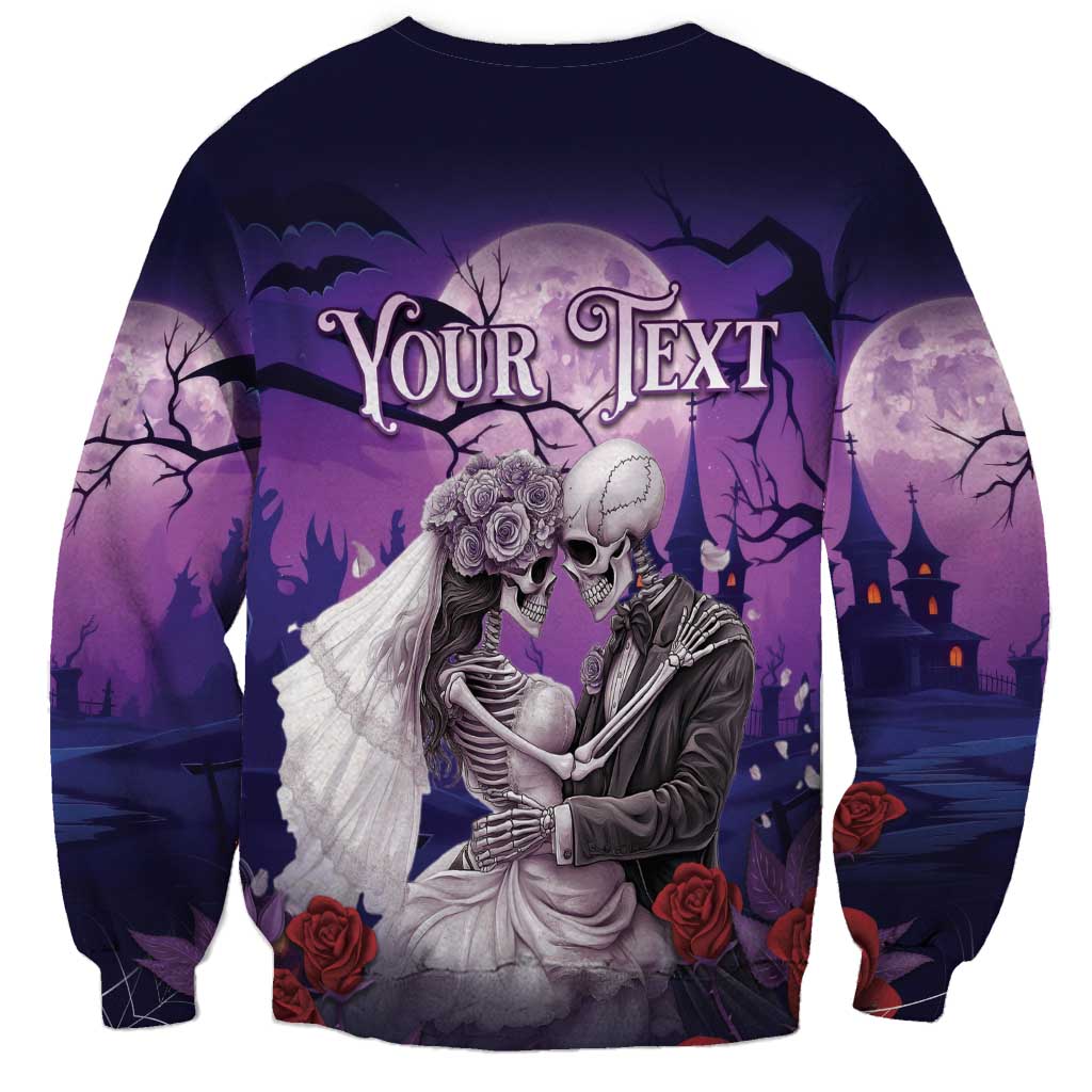 Purple Halloween couple skeleton sweatshirt with bride and groom, roses, bats, 'Your Text' print