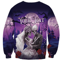 Purple Halloween couple skeleton sweatshirt with bride and groom, roses, bats, 'Your Text' print