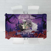 Purple skeleton couple tablecloth with roses and Til Death Do Us Part lettering