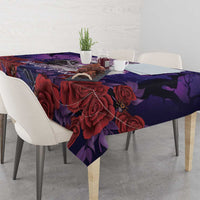 Purple gothic tablecloth with large red roses, spiderwebs, and dark branch motifs