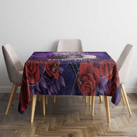 Purple tablecloth with red roses and dark Halloween motif; fits rectangular dining table