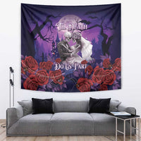 Purple Halloween skeleton couple tapestry with roses and “Til Death Do Us Part” text