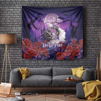 Purple wall tapestry featuring a skeleton couple embracing, red roses, gothic “Til Death”