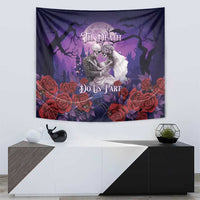 Purple skeleton bride and groom tapestry with red roses and “Til Death Do Us Part”