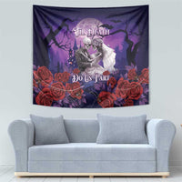 Purple Halloween tapestry showing skeleton couple holding hands with red roses