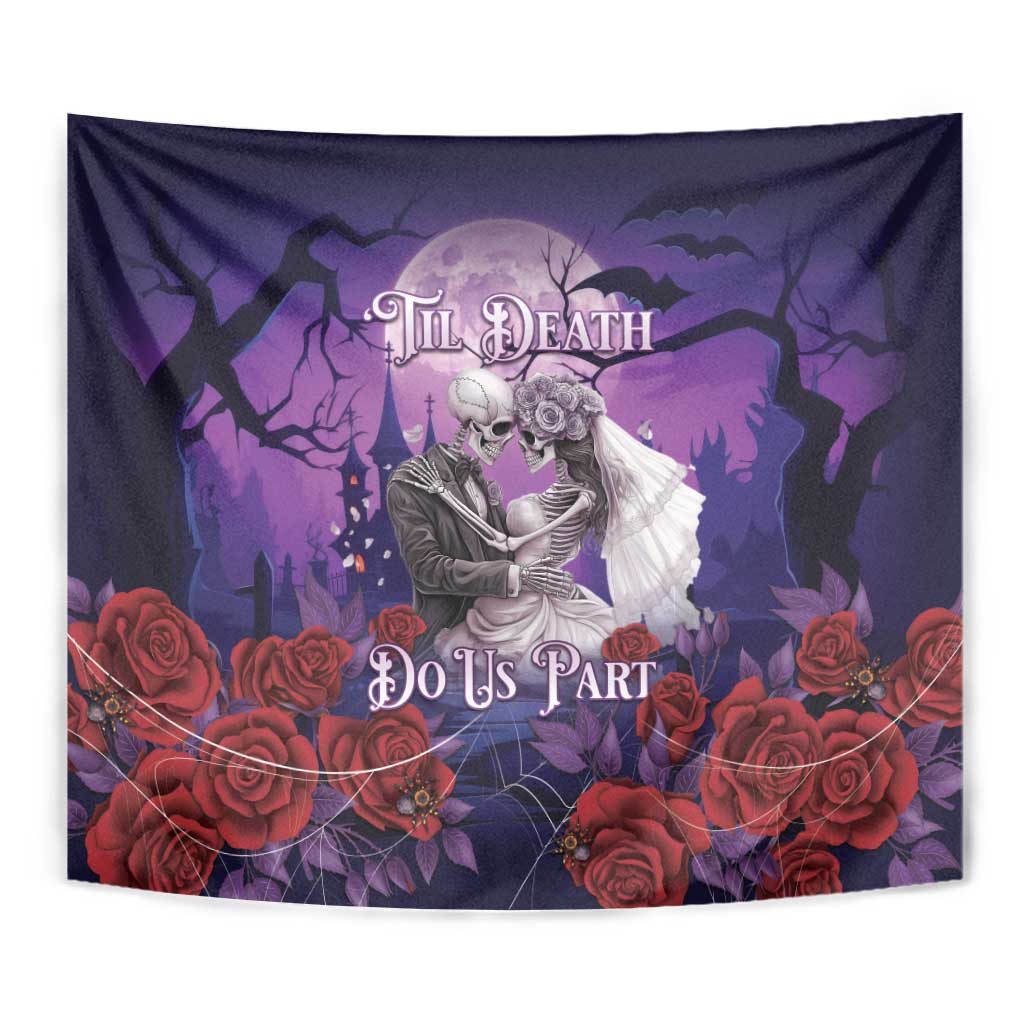 Purple gothic skeleton couple tapestry, white veil figure, red roses, “Til Death Do Us Part”
