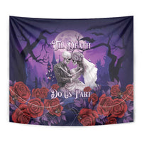 Purple gothic skeleton couple tapestry, white veil figure, red roses, “Til Death Do Us Part”