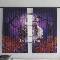 Purple Halloween skeleton couple window curtains with roses, bats, and gothic text design