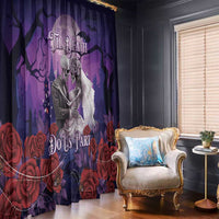 Purple Halloween skeleton couple window curtains with roses and skeleton couple portrait artwork