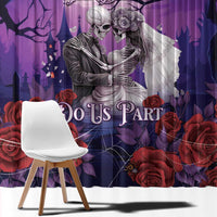 Purple Halloween skeleton couple window curtains with roses, bats, and mirrored skeleton couple graphic