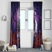 Purple Halloween skeleton couple window curtains with roses, bats, and decorative skeleton imagery