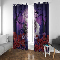 Purple Halloween skeleton couple window curtains with roses and gothic skeleton couple text