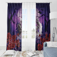 Purple Halloween skeleton couple window curtains with roses, bats, and skeleton couple artwork