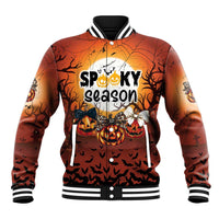 Orange Halloween baseball jacket with black bat print, striped collar, front graphic