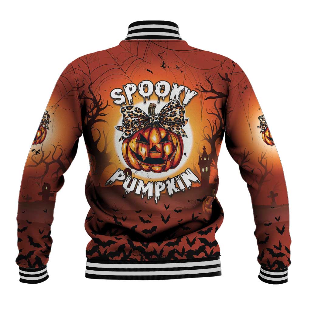 Orange Halloween baseball jacket, striped cuffs and collar, back pumpkin-spooky graphic