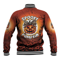 Orange Halloween baseball jacket, striped cuffs and collar, back pumpkin-spooky graphic
