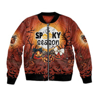 Halloween bomber jacket with spooky season graphic, front zip, black ribbed cuffs