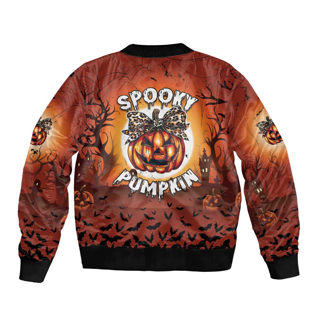 Halloween bomber jacket with 'Sprooky Pumpkin' graphic, back view, ribbed hem and cuffs