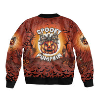 Halloween bomber jacket with 'Sprooky Pumpkin' graphic, back view, ribbed hem and cuffs