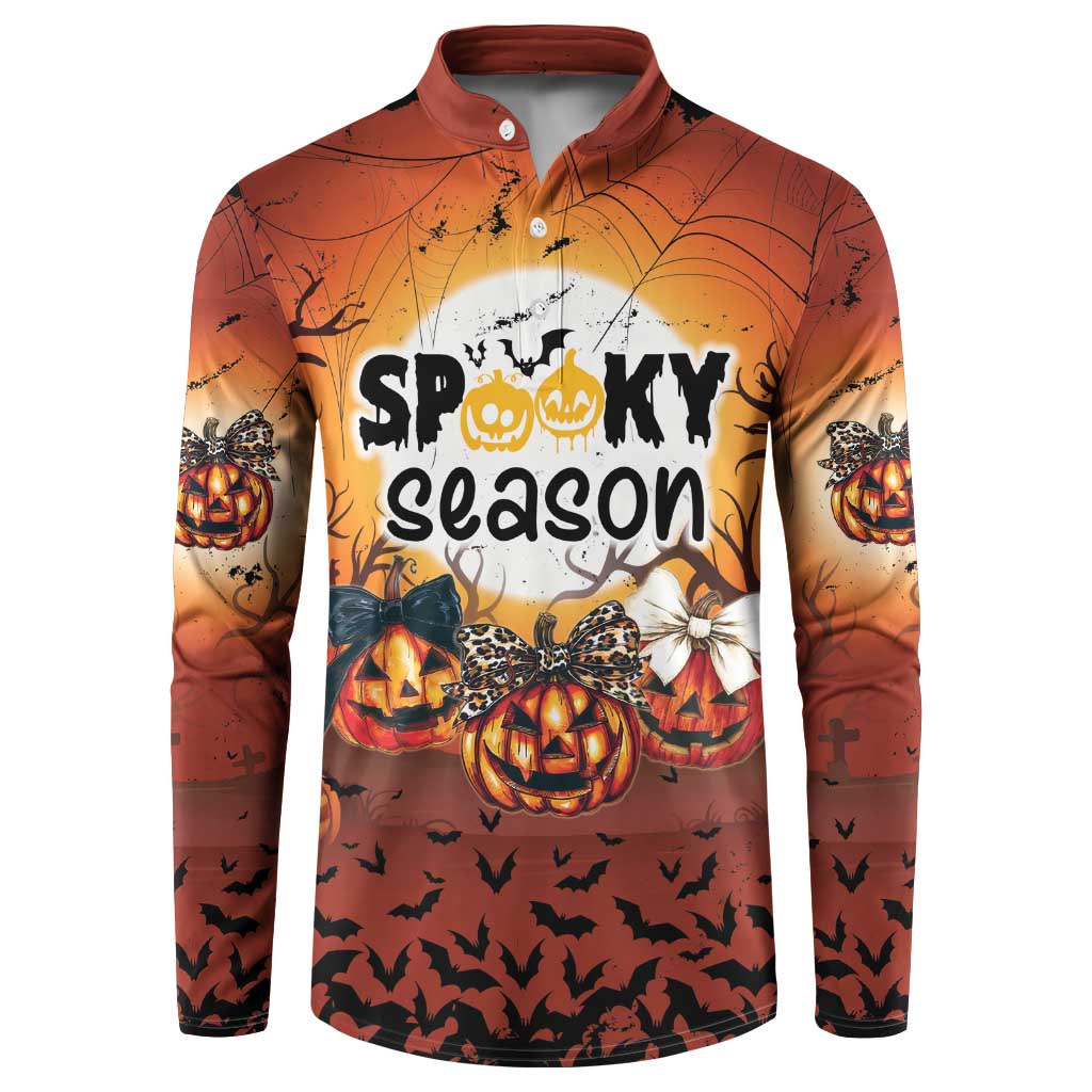 Orange Halloween button sweatshirt, 'Spooky season' front graphic with pumpkins and bats