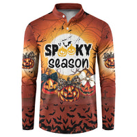Orange Halloween button sweatshirt, 'Spooky season' front graphic with pumpkins and bats