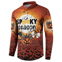 Orange Halloween button sweatshirt, front view with pumpkins, bats, and spiderweb pattern