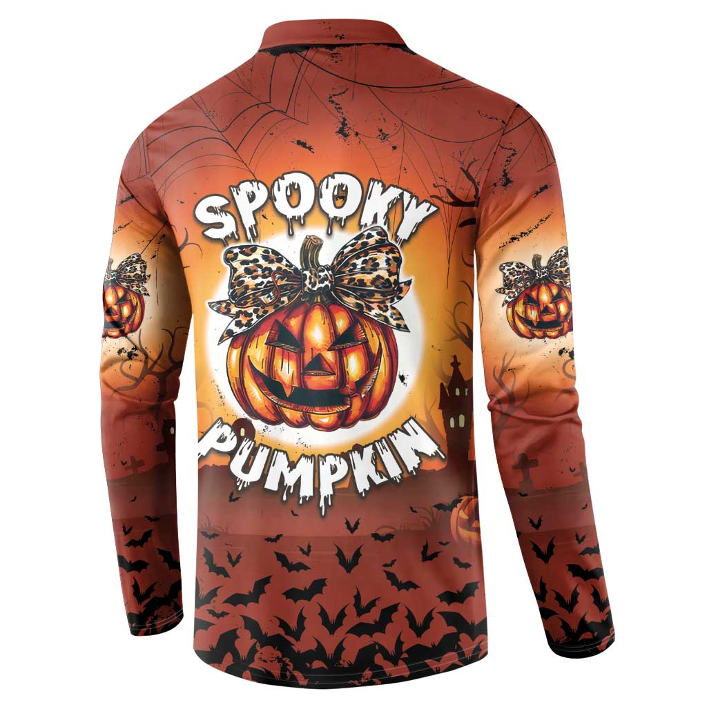 Orange Halloween button sweatshirt, back view with 'Spooky Pumpkin' graphic and pumpkins