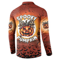 Orange Halloween button sweatshirt, back view with 'Spooky Pumpkin' graphic and pumpkins
