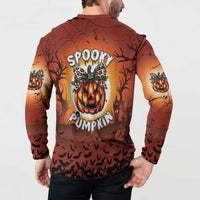 Orange Halloween button sweatshirt worn by a man, back graphic with pumpkins and bats